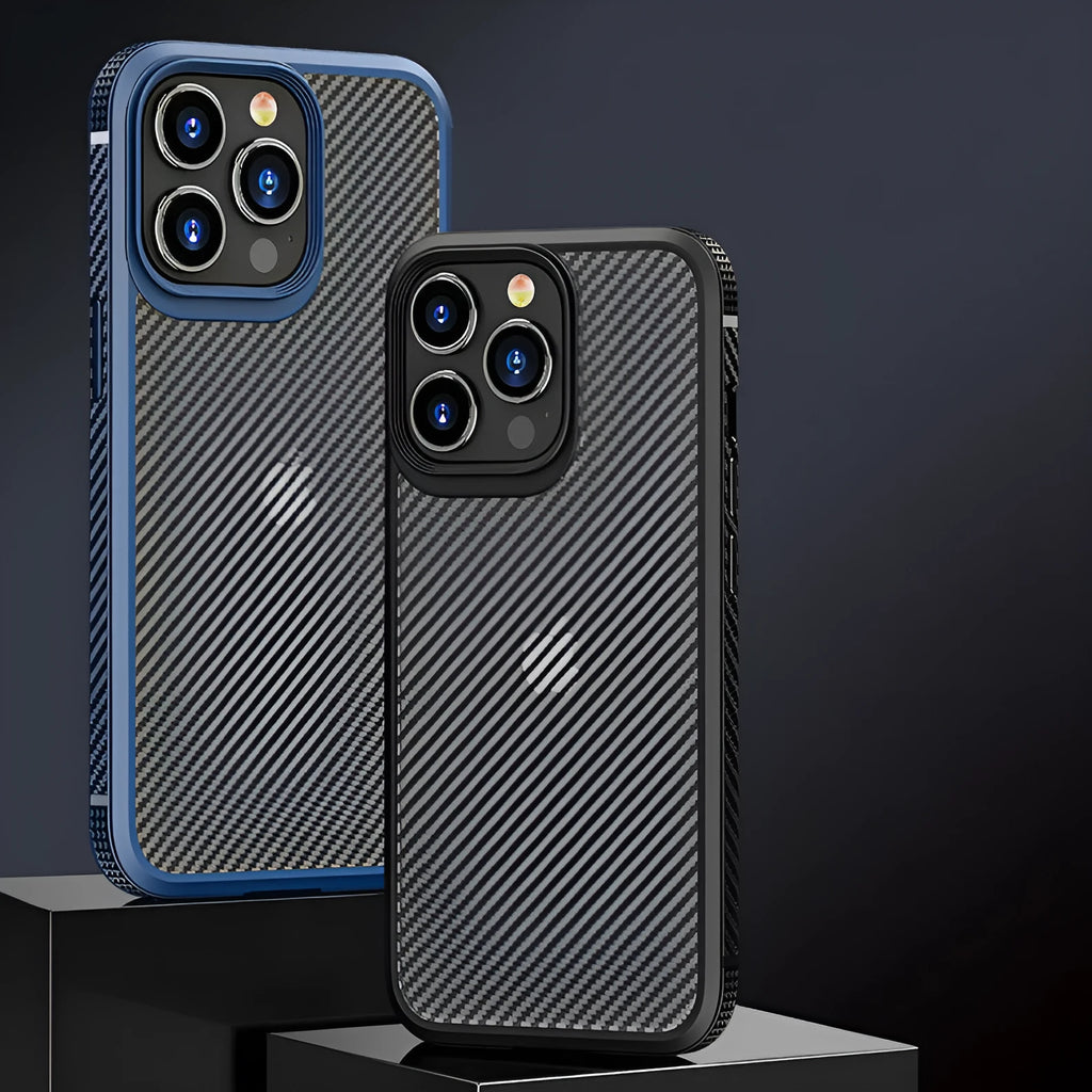 Black anti-fall protective case for iPhone 13 with carbon fibre pattern and composite TPU+PC construction