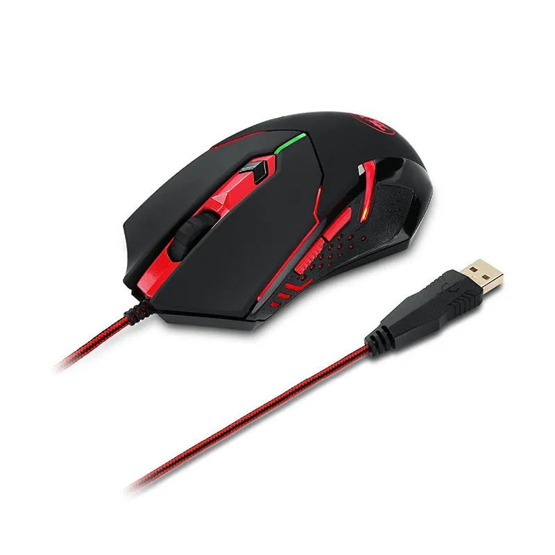 Black and red wired USB optical gaming mouse with six buttons on a desk