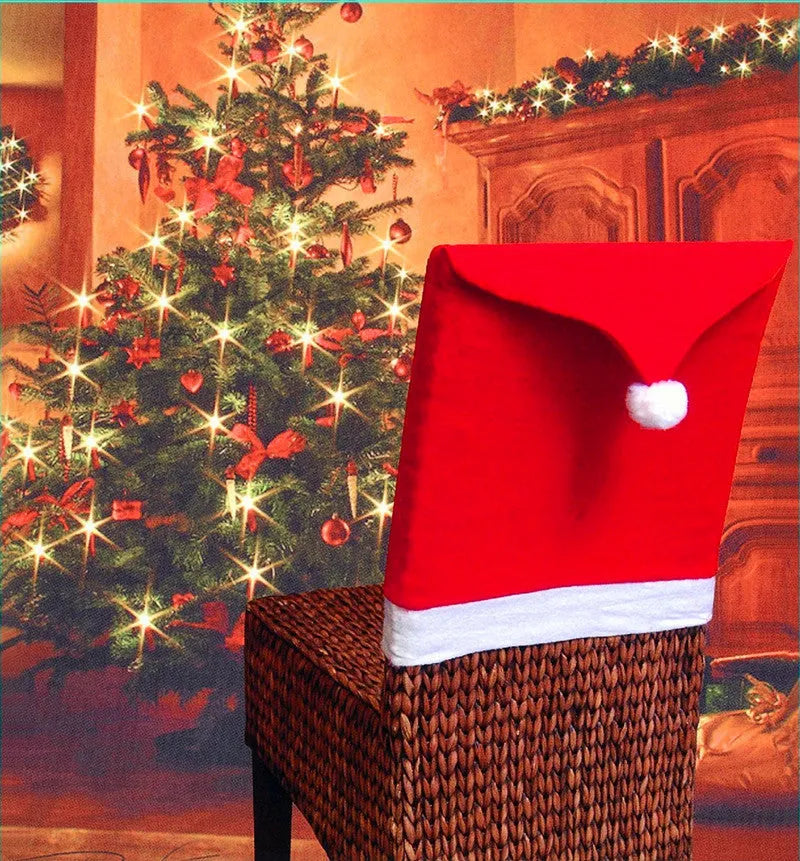 Christmas chair covers set showing Santa Claus, Snowman and Santa Hat designs on dining chairs