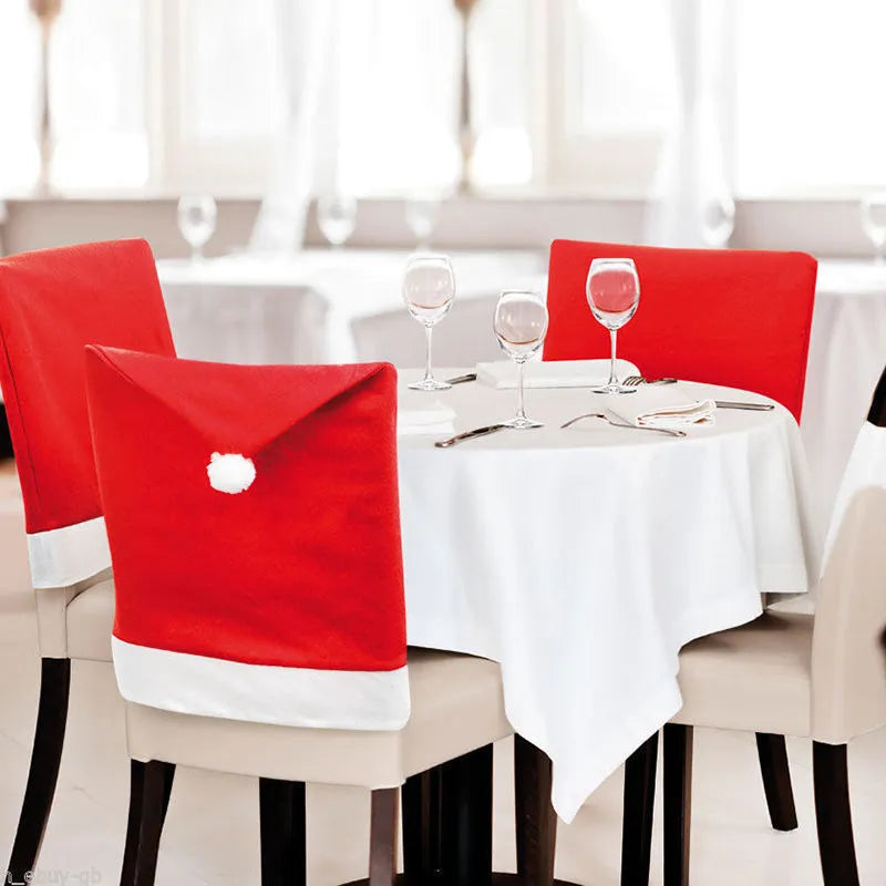 Christmas chair covers set showing Santa Claus, Snowman and Santa Hat designs on dining chairs