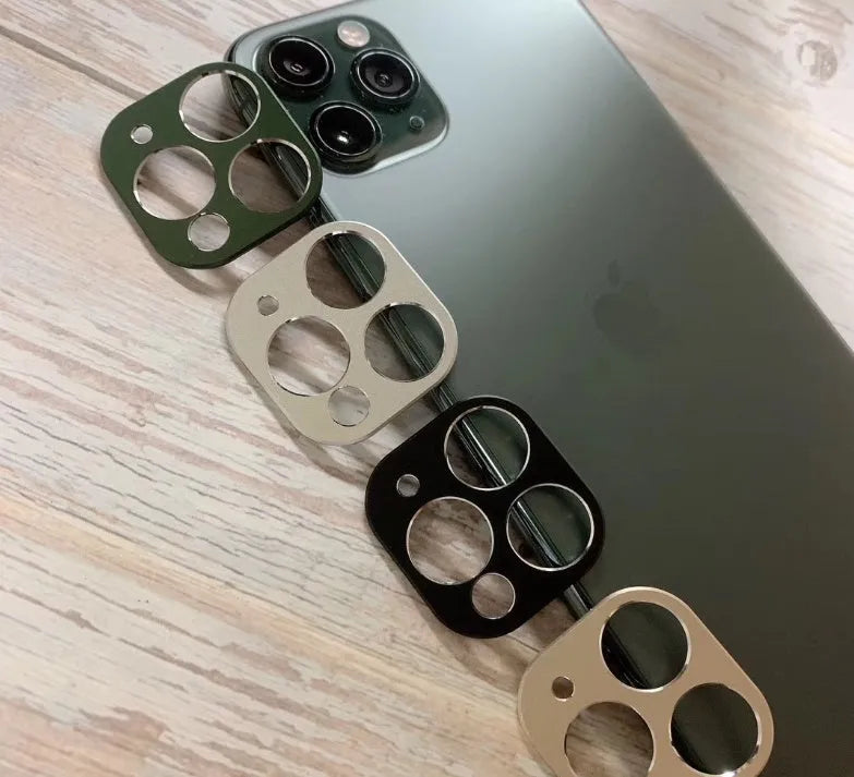 Metal camera lens protection ring for iPhone 11 and iPhone 11 Pro cases in various colours.