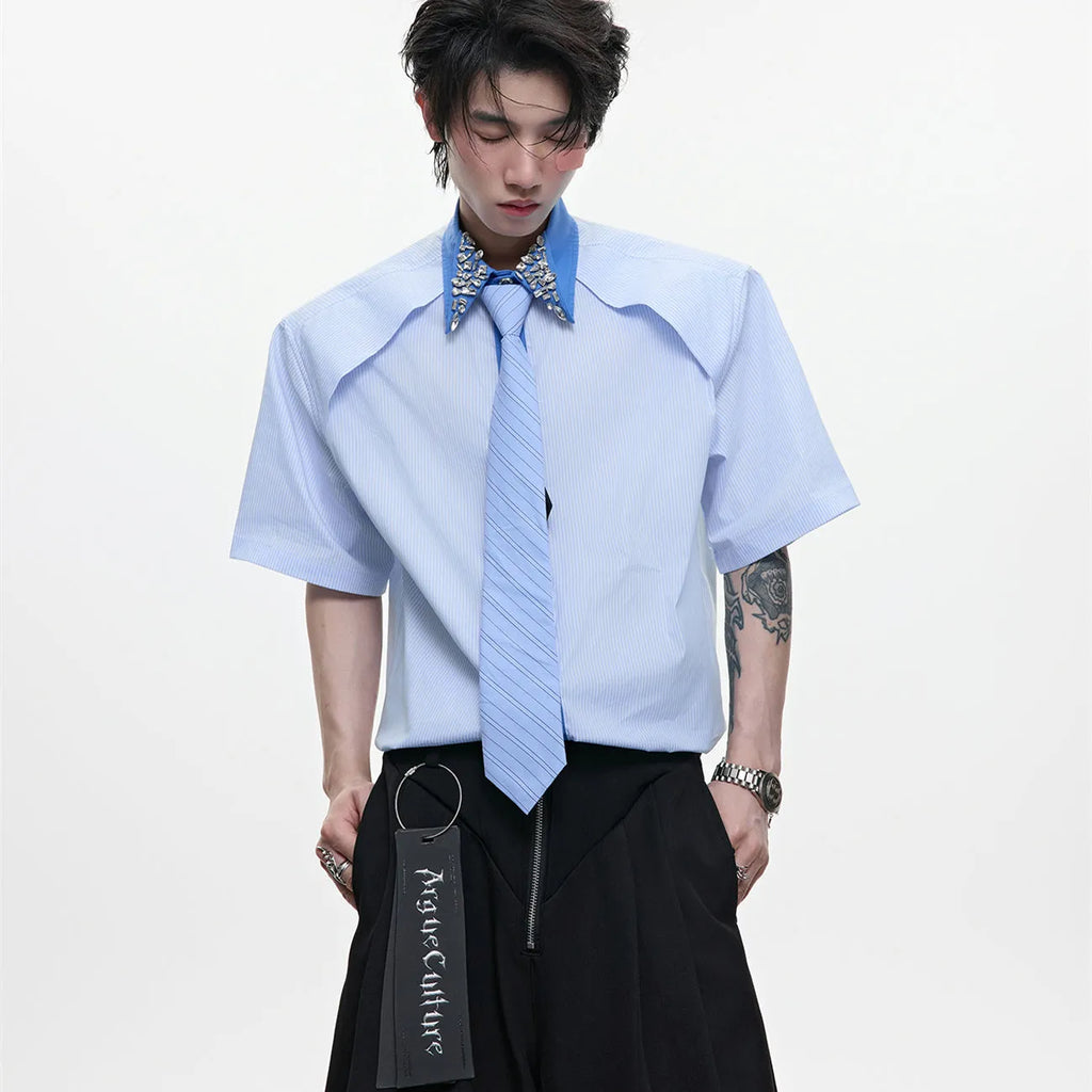 Men's blue and khaki patchwork striped shirt with quilted panels and a flip collar