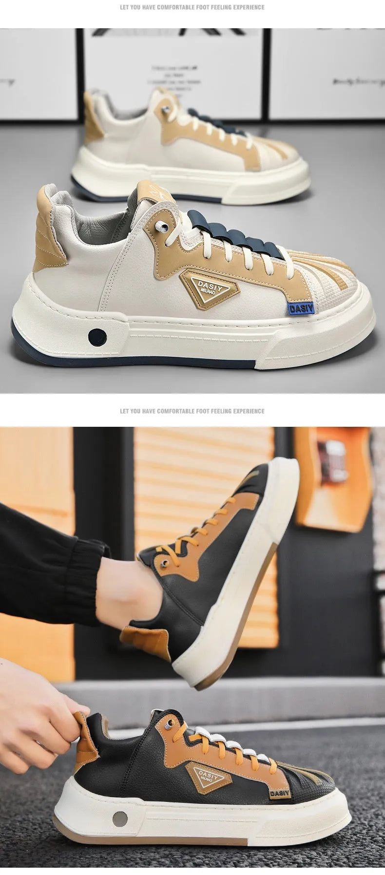 Men's beige low-top sneakers with elastic band fastening and round toe design