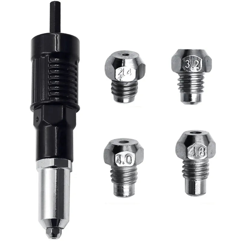 Black metal electric drill rivet gun attachment with handle and wrench, length 173mm.