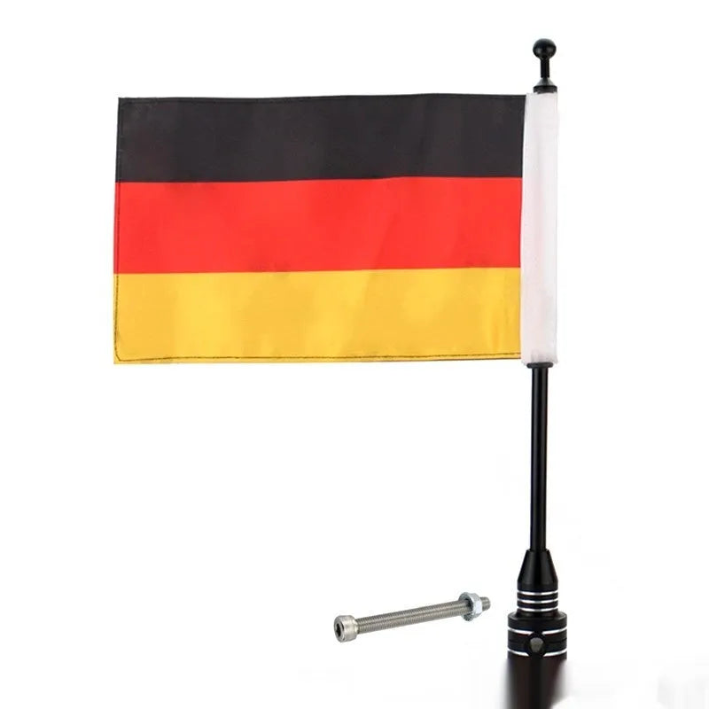 Silver electroplated motorcycle flagpole mounted on a black tail box.