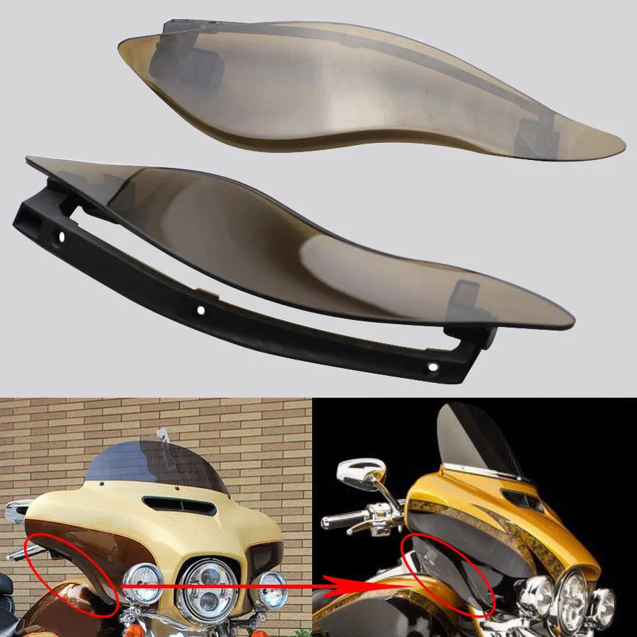 Harley-Davidson motorcycle windshield side wing set in smoked or black ABS plastic for tri-wheel glide models
