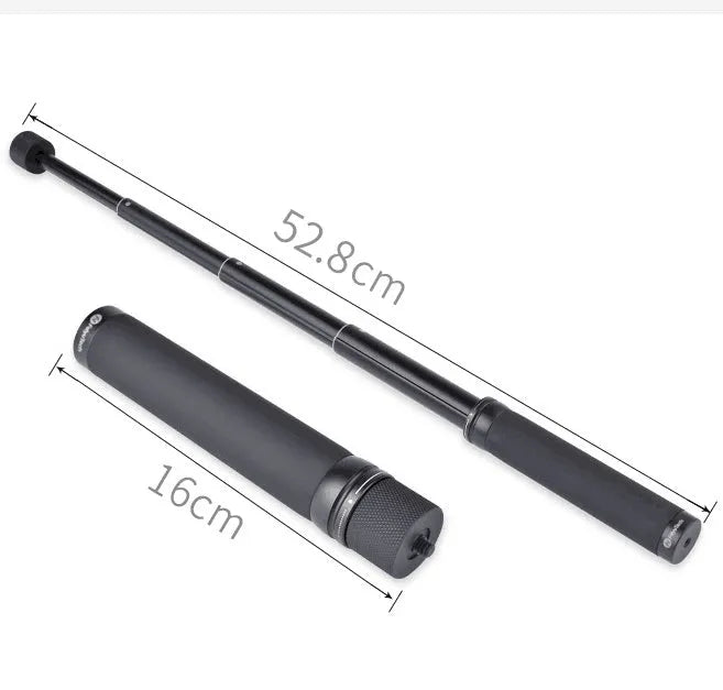 Black retractable aluminium selfie stick extended with smartphone attached and remote shutter in hand.