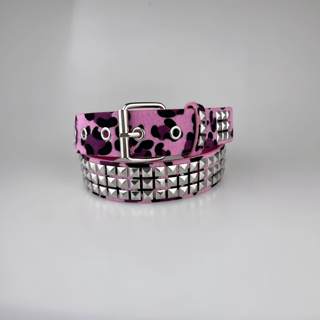 Women's brown leopard print punk belt with silver metal decorative rivets and an alloy pin buckle.