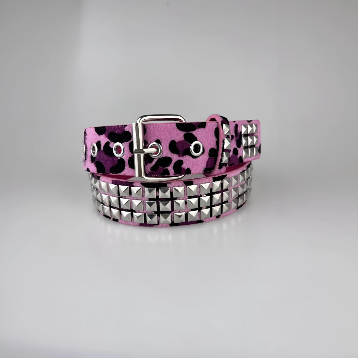 Women's brown leopard print punk belt with silver metal decorative rivets and an alloy pin buckle.