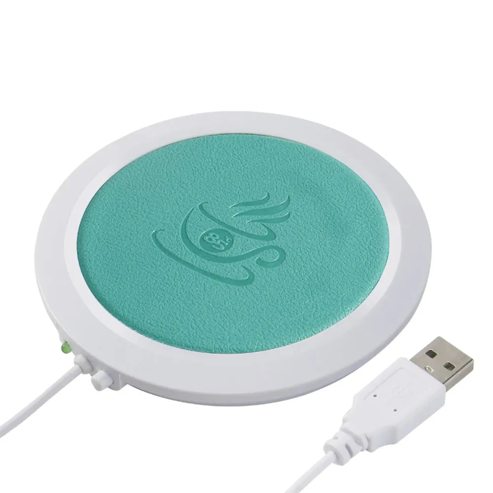 USB heated coaster with PU leather surface in black, blue, and orange colours for drink warming