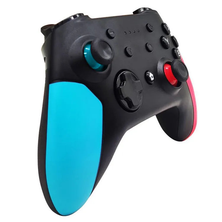 Switch Bluetooth wireless gamepad in left blue and right red colour scheme next to a Nintendo Switch console.