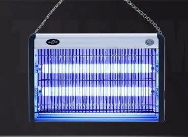 Indoor electric mosquito killing lamp with UV light tube and metal grid for flies.