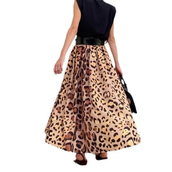 Women's brown leopard print A-line long skirt with big hem design on mannequin