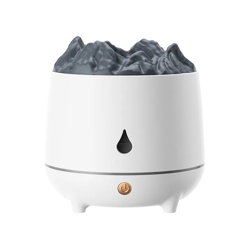 Volcano humidifier with flaming mountain design in black or white colour