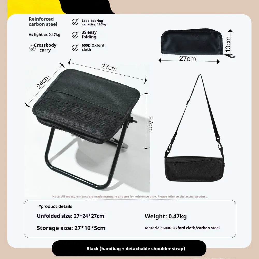 Foldable outdoor camp stool in Oxford cloth, shown in khaki colour, collapsed into its compact pencil box design.