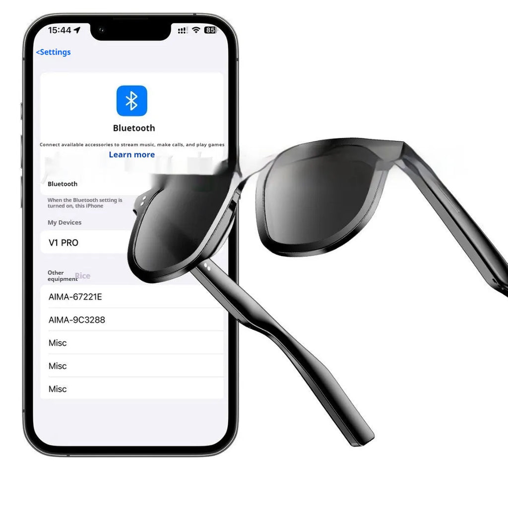 Black smart Bluetooth sunglasses with touch controls on the frame for audio functions