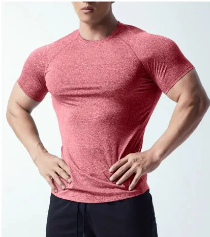 Men's stretch quick-drying round neck short sleeve T-shirt in polyester blend fabric