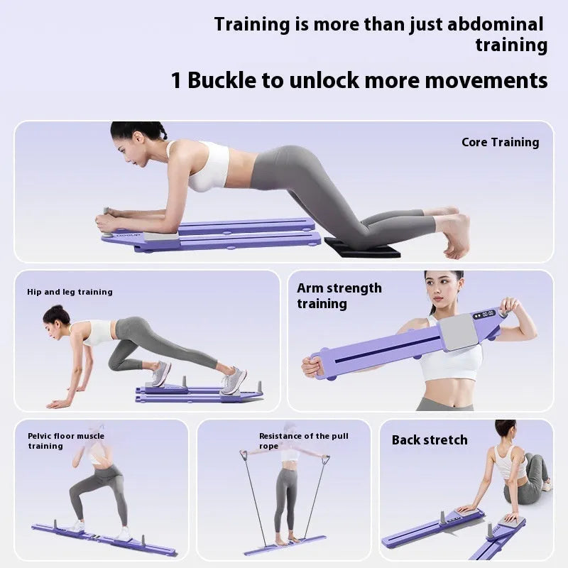 85cm long twilight purple PP plastic split skiing machine trainer supine board on a home floor.
