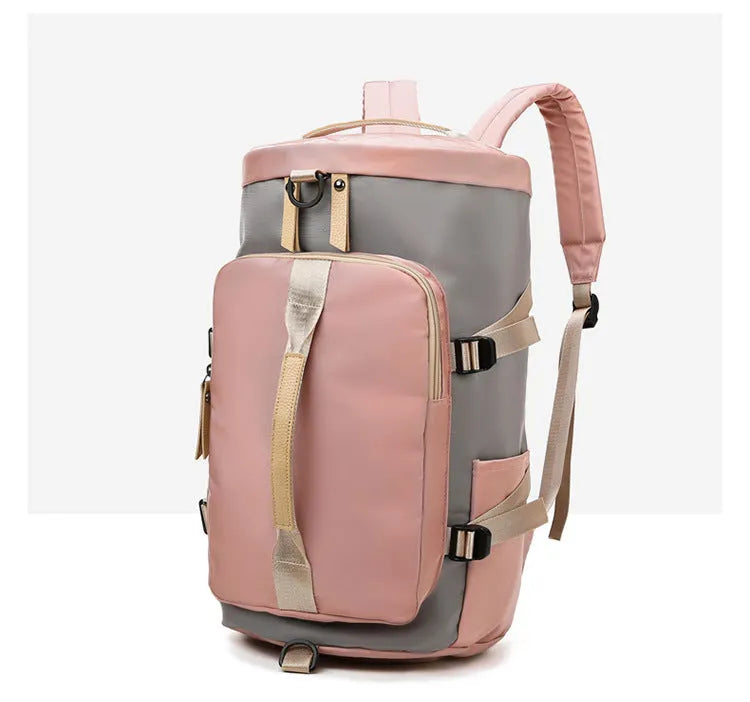 Black convertible nylon gym bag showing backpack, shoulder bag, and handbag modes with separate shoe compartment.