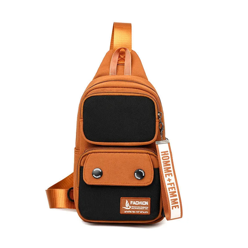 Crossbody shoulder bag in nylon with polyester lining, showing storage compartments