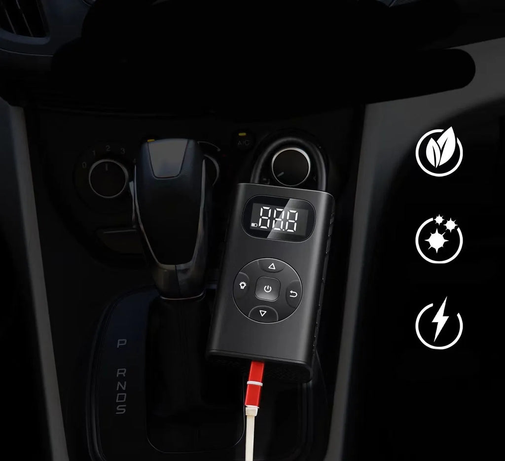 Black M09X portable power bank tyre inflator pump with USB cable for cars and motorcycles