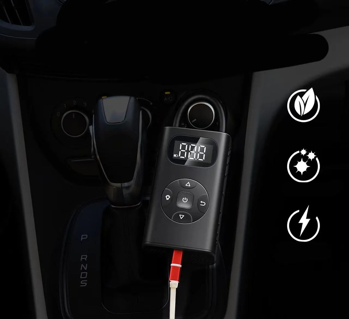 Black M09X portable power bank tyre inflator pump with USB cable for cars and motorcycles