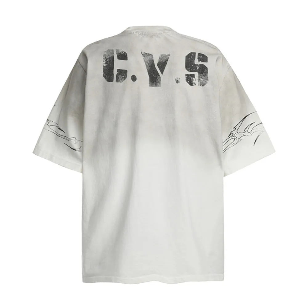 Men's black and white printed short-sleeved cotton t-shirt showing front graphic design
