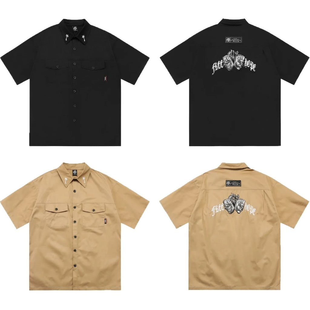 Men's loose fit black cotton blend pocket shirt with half sleeves and embroidery