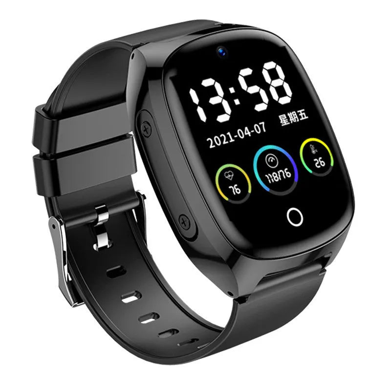 Black GPS tracker smartwatch with a 1.54-inch touch screen displayed on a wrist.