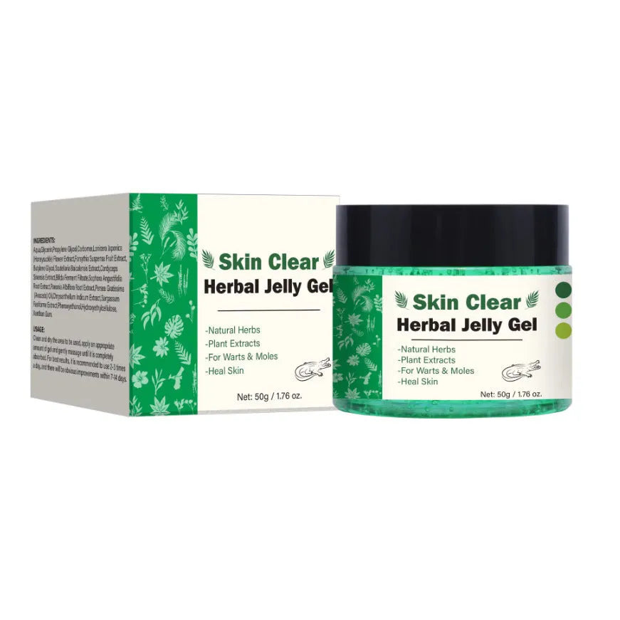 Clear herbal gel in 50g jar with transparent formula for skincare and makeup base
