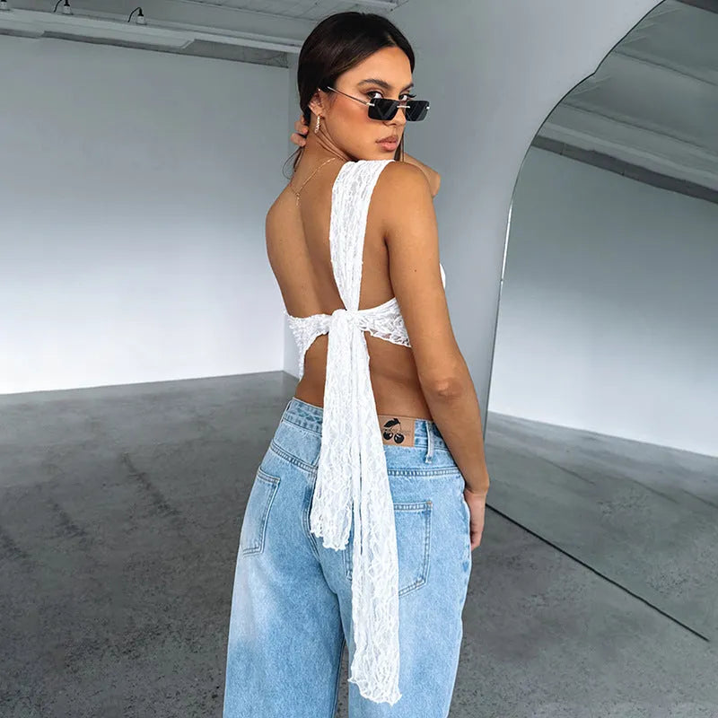 Womens lace backless sleeveless vest with asymmetrical neckline in solid colour