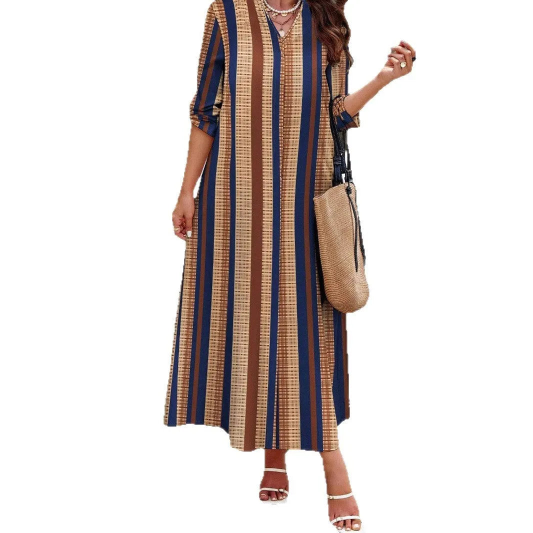 Camel colour vertical striped V-neck long dress with A-line skirt and long sleeves