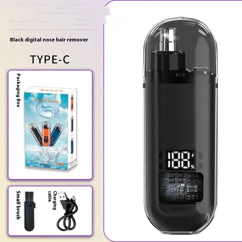 Rechargeable nose hair trimmer with digital display, removable cutter head, and cleaning brush on a white background.