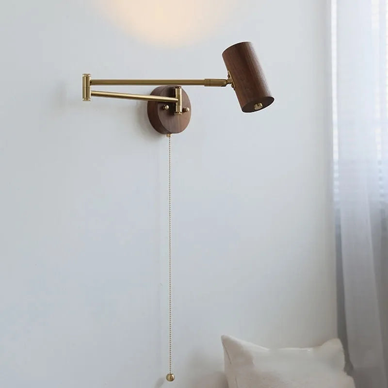 Retro wood finish wall lamp with rotating long-arm spotlight and pull switch