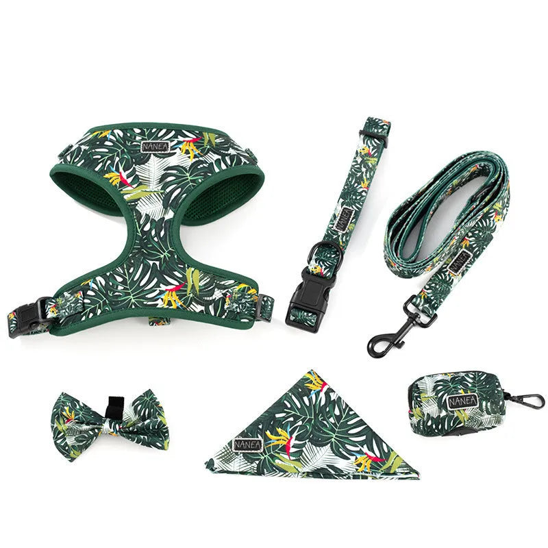 Adjustable cloth dog harness vest set with haulage rope, collar, waste bag, bow tie and triangle scarf accessories