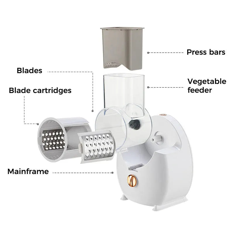 White electric vegetable slicer with rotary grater, suction base, and multiple blades for potato and carrot cutting