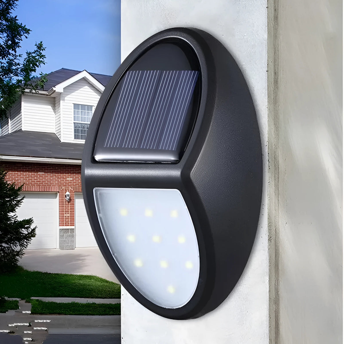 Black solar-powered wall light with solar panel and LED illumination
