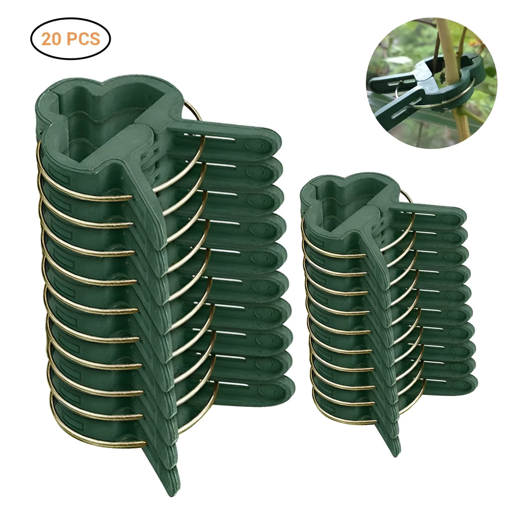 Green plastic plant fixing clips for supporting climbing vegetables and garden vines