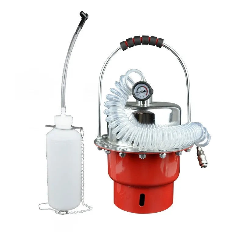 Pneumatic brake fluid replacement pumping tool with pressure gauge and regulator, 5L capacity