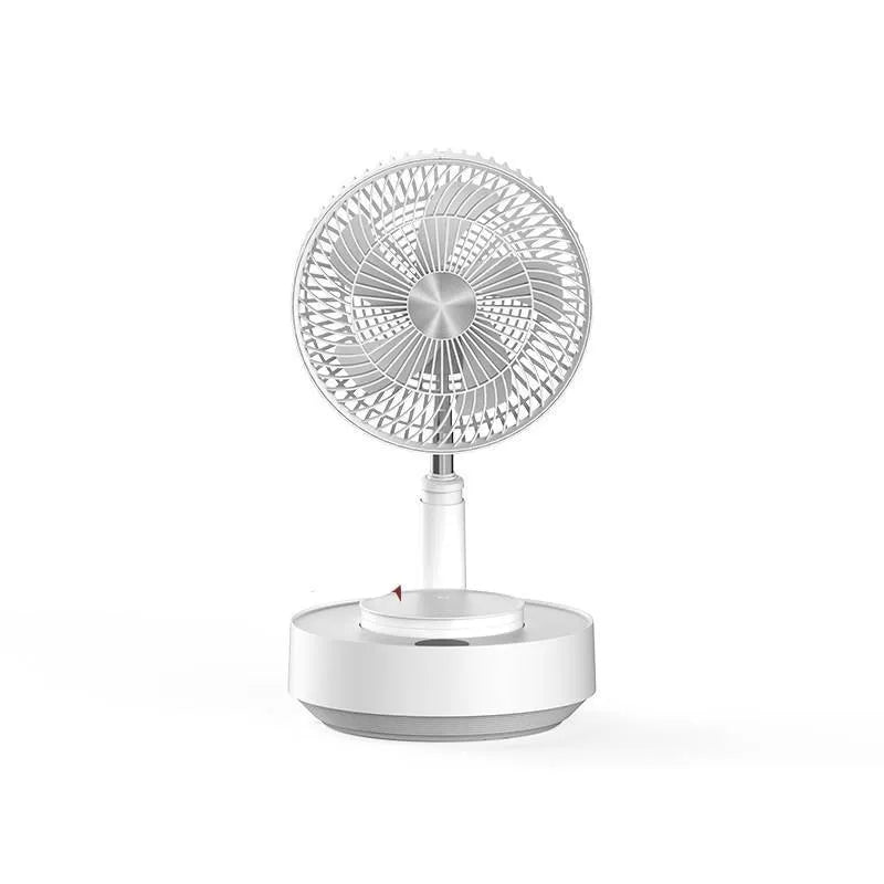 Green and white storage floor electric fan with telescopic design showing desktop and vertical configurations