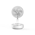 Green and white storage floor electric fan with telescopic design showing desktop and vertical configurations