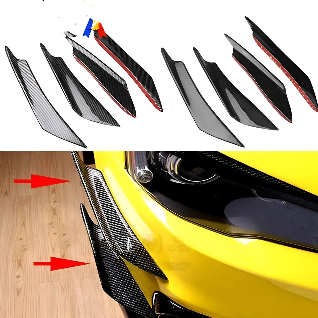 Set of four black carbon fibre pattern ABS plastic air knives for car bumper spoiler installation.
