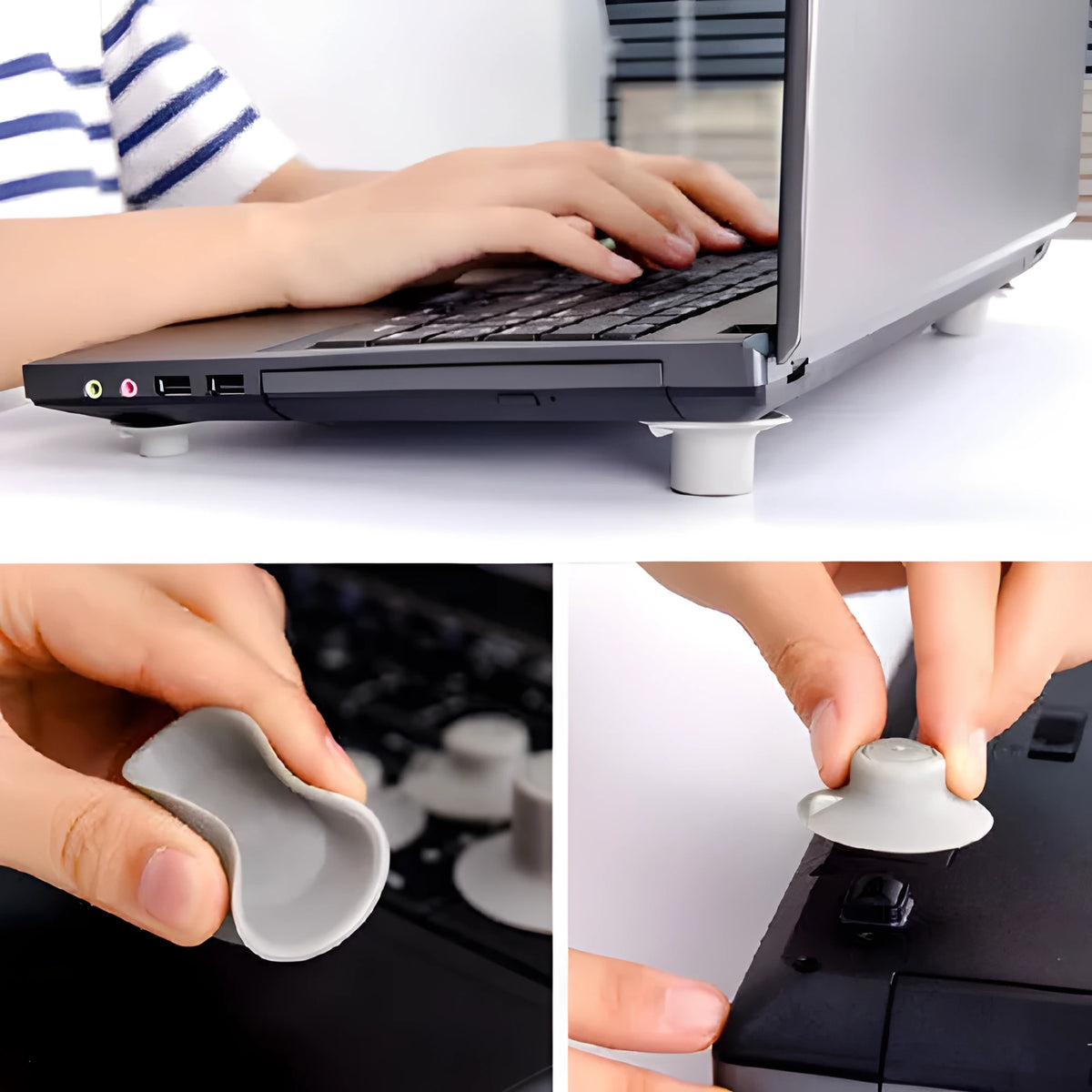 Two large and two small grey plastic laptop cooling pads on a flat surface.
