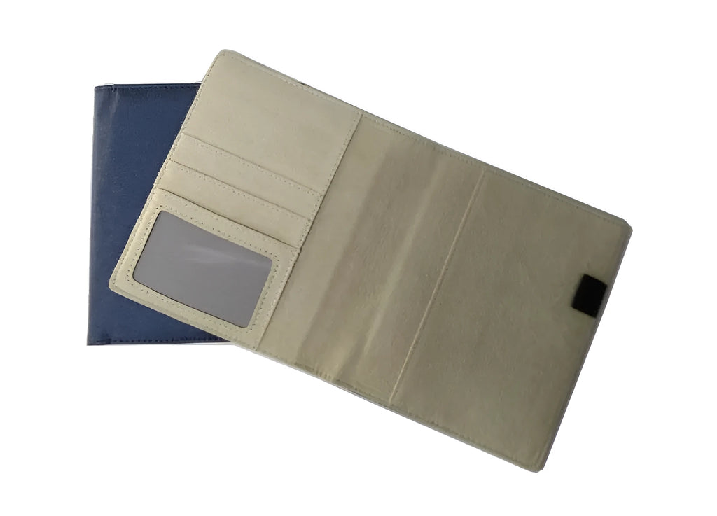 Blue imitation leather PU notebook cover shell for A5 journals, shown with dimensions 18.5cm by 15.5cm.