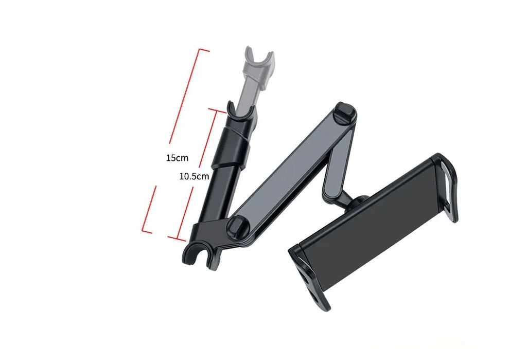Black universal car phone holder mounted on car rear seat base with tablet in cradle