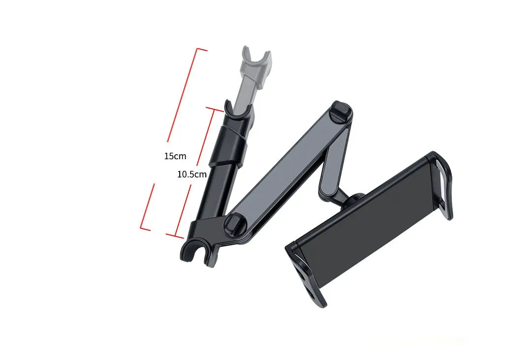Black universal car phone holder mounted on car rear seat base with tablet in cradle