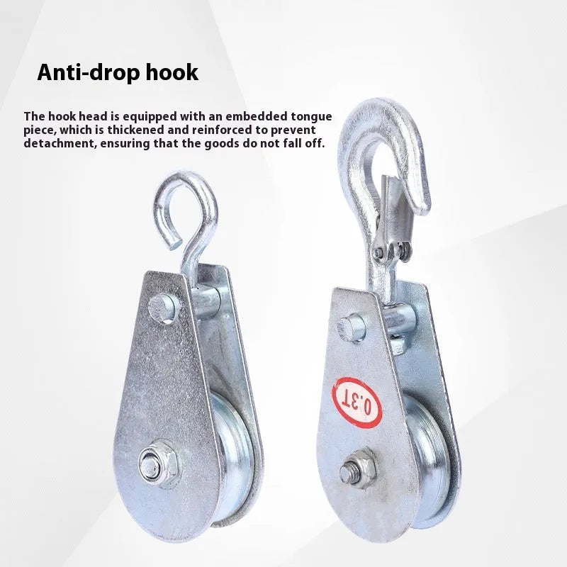 Red single sheave industrial lifting pulley with ring hook and safety latch.