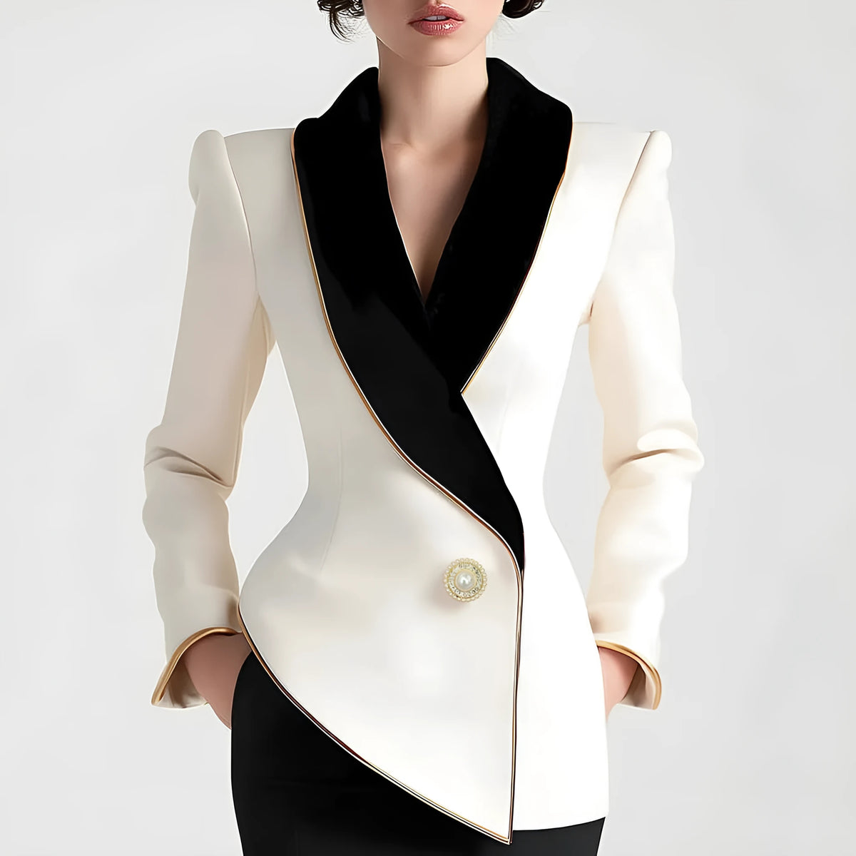 Women's beige long sleeve coat with irregular hemline and golden pearl buttons on a hanger.
