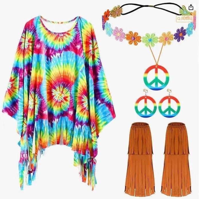 Colourful tie dye cloak costume with irregular pattern printing and bell sleeves