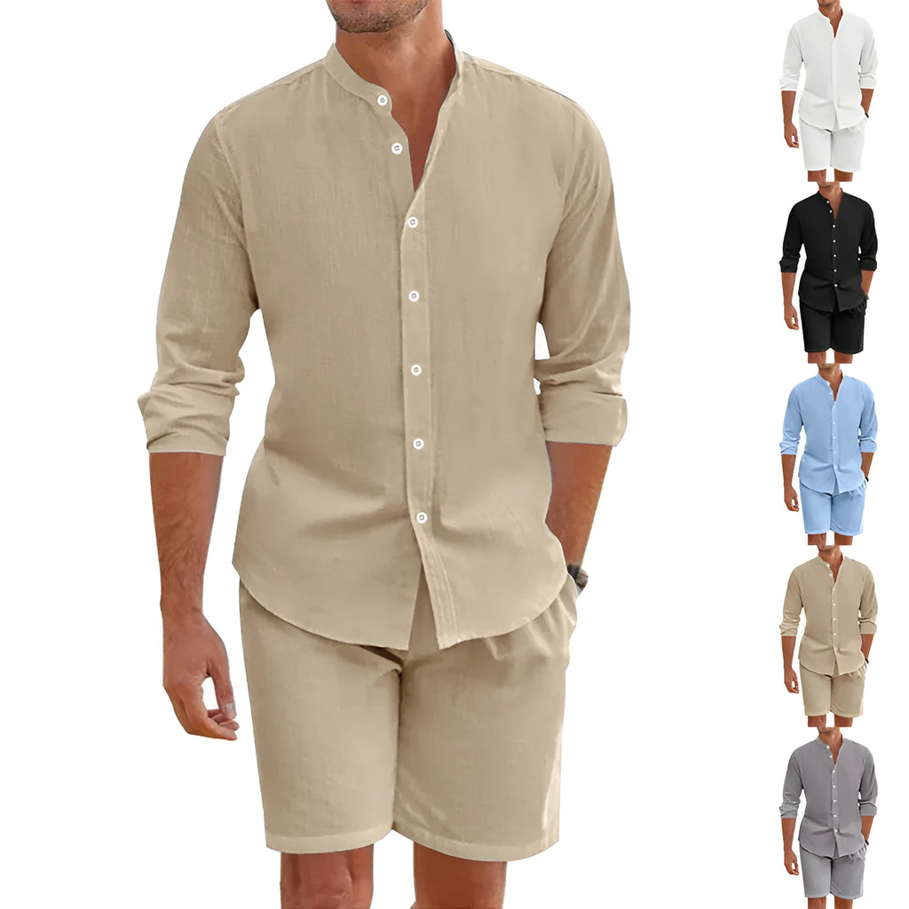 Men's dark grey linen-blend short sleeve shirt and drawstring shorts summer suit set